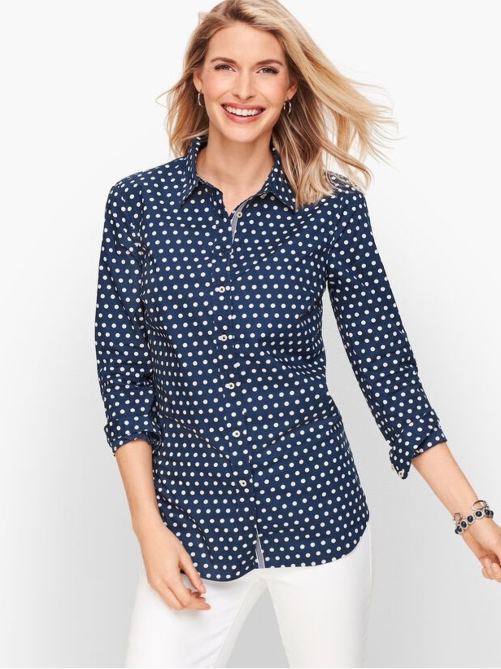Talbots navy blue and white polkadot button up shirt